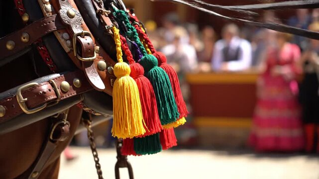 Decorative tassels on horse harness with a woman in traditional dress in the background at an event