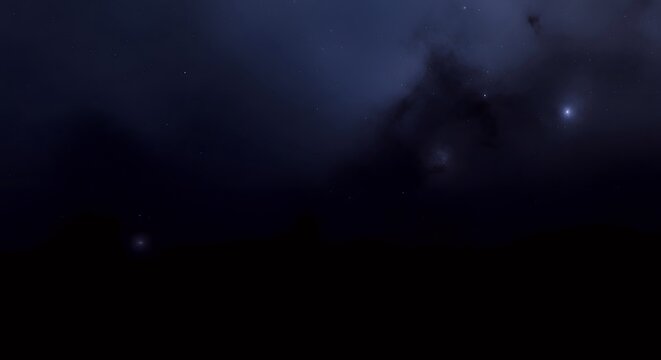 A dark, cloudy night sky with distant stars and nebulae visible.
