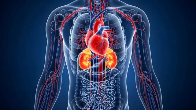 3d human anatomy with glowing cardiovascular system and neural network on dark blue background