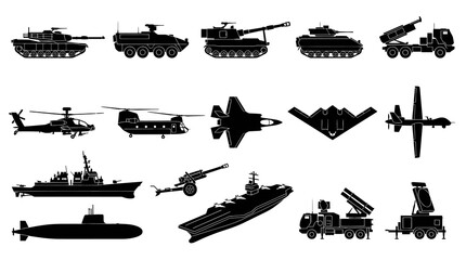 Obraz premium Military Vehicles Weapons Black Silhouette Icons Collection