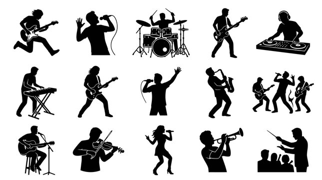 Black and white vector icons of musicians and musical instruments