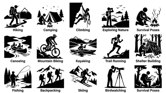 Outdoor Adventure and Survival Activities Black Glyph Vector Icons Set