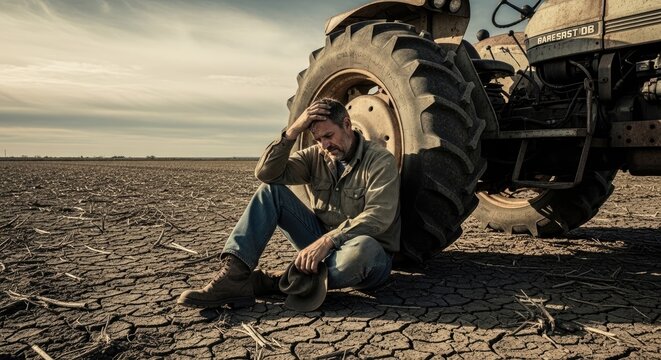 A weathered farmer sits dejectedly beside a large, old tractor. He rests his head in his hand, displaying a look of despair and exhaustion.