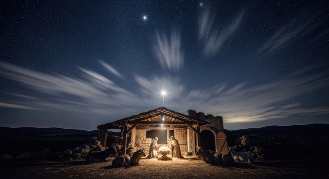 A dimly lit stable glows warmly under a vast, starry night sky. A wooden manger holds the infant Jesus, while Mary and Joseph kneel in prayer before him.