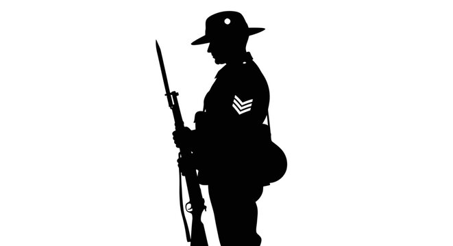 Silhouette of an Australian soldier in a slouch hat standing at attention.