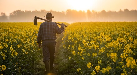 Fototapeta premium A man in a hat stands in a field of yellow rapeseed flowers at sunset