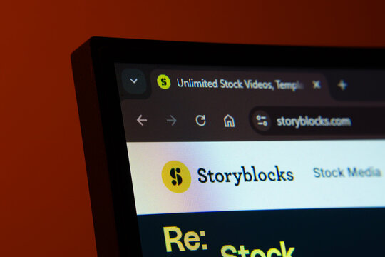 Dhaka, Bangladesh- 02 June 2025: Close-up of a computer screen displaying the storyblocks web interface in dark mode
