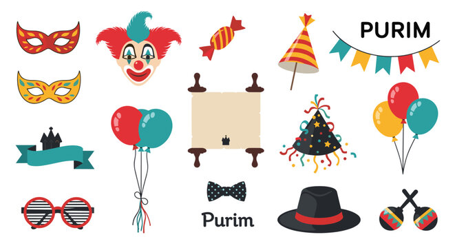 Festive collection of colorful purim holiday elements including masks, clown face, noisemakers, hats, balloons, and candy treats.