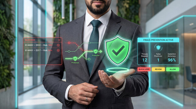 Businessman holding a holographic AI fraud prevention dashboard for financial transaction monitoring and risk assessment, with blocked transactions and authorization window