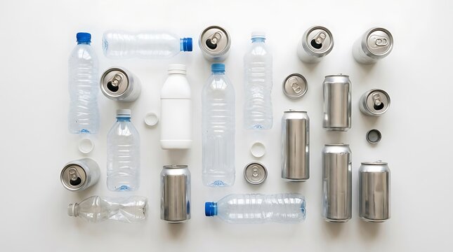 Plastic Bottles & Aluminum Cans Ready for Recycling. Sustainable Waste Management & Eco-Friendly Packaging Materials.