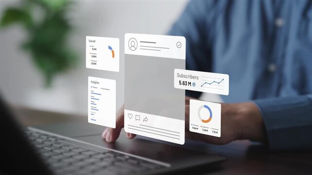 Checking social media data and marketing insights on a laptop. Concept of online business analysis, digital advertising results, follower growth, and tracking media performance for success.