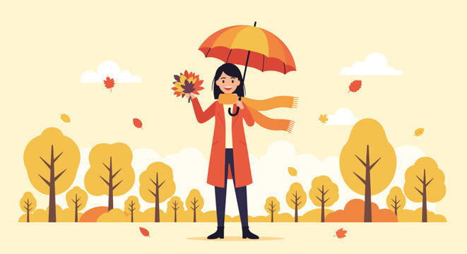 Woman in a bright red coat walking through a golden autumn forest while holding an umbrella and a bunch of colorful fall leaves.