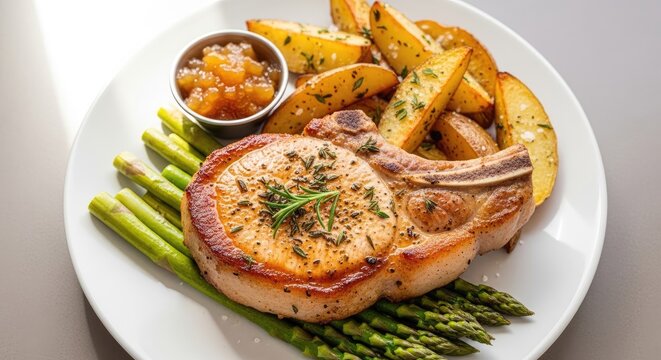 A beautifully plated pork chop rests on a white plate alongside golden-brown roasted potatoes and a small ramekin of caramelized onion jam.