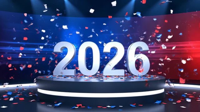 Silver 2026 numbers on a stage with falling confetti, a concept for new year countdown promotions or event backgrounds