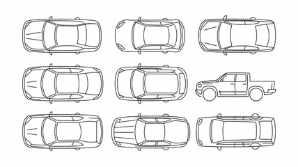 A minimalist black and white illustration depicts a top down view of various vehicle outlines including cars and a pickup truck high quality professional detailed modern © Raian