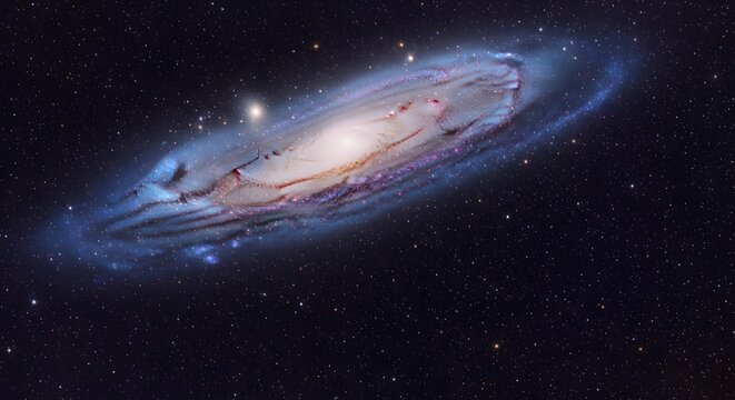 A stunning, high-resolution image captures the majestic Andromeda Galaxy, showcasing its spiral arms and bright central bulge against a backdrop of distant stars.