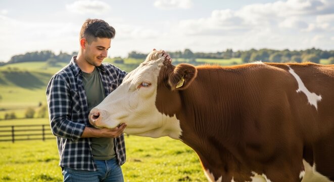 A young man gently strokes the head of a brown and white cow in a grassy field. He wears a plaid shirt and jeans, and looks at the animal with a warm expression.