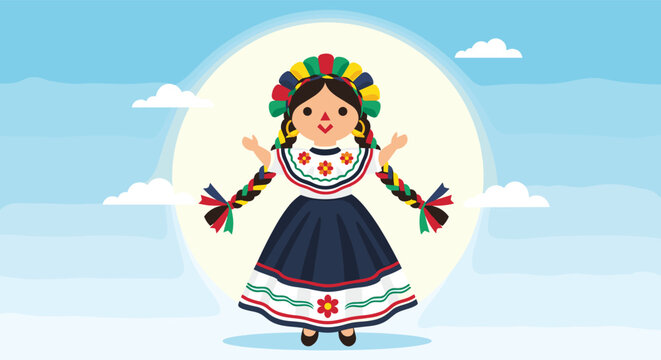 Traditional mexican rag doll character dressed in a dark blue folk dress with colorful floral embroidery against a sunny sky.