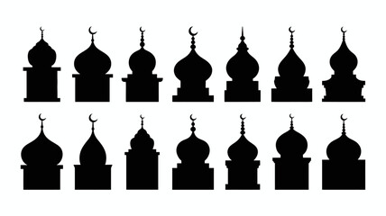 A collection of black silhouette islamic domes and crescent moons arranged in rows representing traditional mosque architecture high quality professional detailed modern elegant stylish clean crisp © Raian
