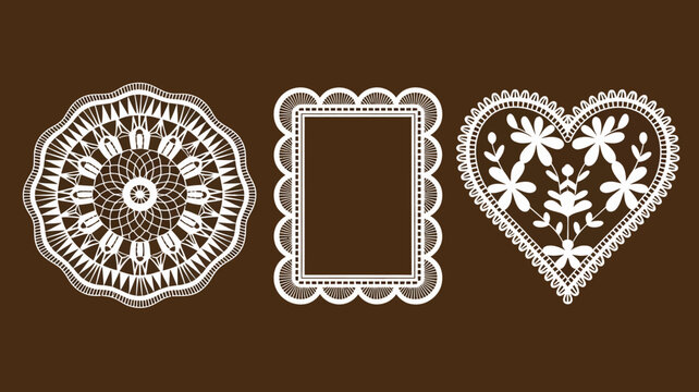 Three ornate white lace doilies are displayed against a dark brown background featuring circular square and heart shapes high quality professional detailed modern elegant stylish clean