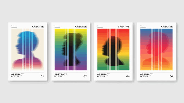 A series of four abstract posters feature colorful gradient backgrounds with silhouetted profiles of a person s face high quality professional detailed modern elegant stylish clean