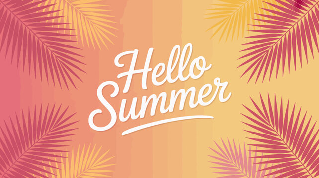 A vibrant background features tropical palm leaves framing the words hello summer in elegant white script lettering high quality professional detailed modern stylish clean crisp colorful