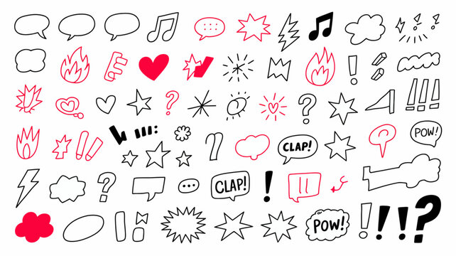A collection of hand drawn doodle elements including speech bubbles musical notes stars and various energetic symbols in red and black high quality professional detailed modern