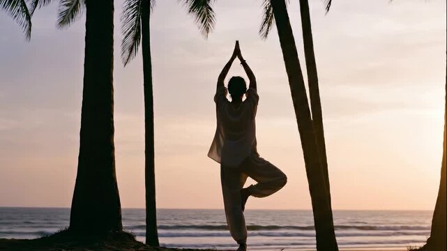 Panning slow motion shot of person practicing tree pose yoga on palm lined tropical beach at sunset overlooking calm ocean