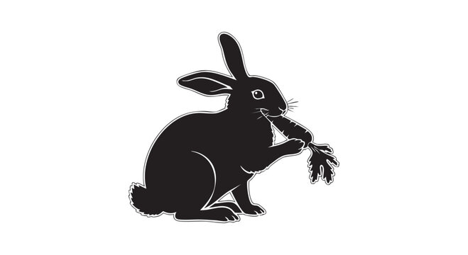 Silhouette of rabbit holding carrot vector illustration on white background.