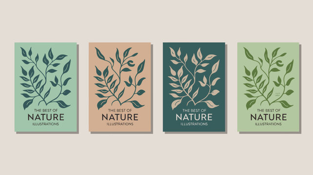 Four rectangular cards display botanical illustrations of leafy branches each with a different color palette and the best of nature text high quality professional detailed modern