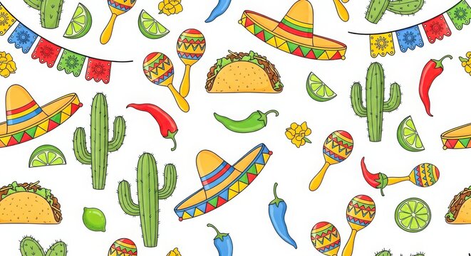 Colorful mexican themed pattern with sombreros, tacos, and cacti