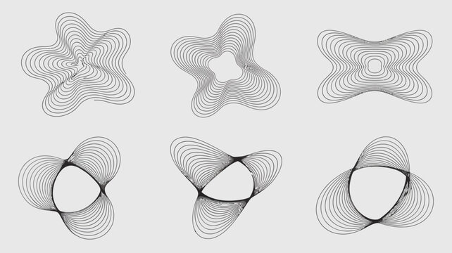 An abstract composition featuring six unique swirling shapes created from numerous parallel black lines on a light gray background high quality professional detailed modern elegant stylish