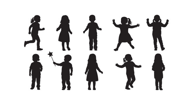 Silhouettes of children playing and dancing with joy and excitement in various poses vector illustration.