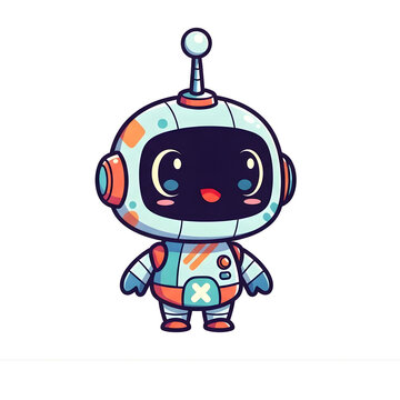 adorable cartoon robot character with antenna and happy expression, 