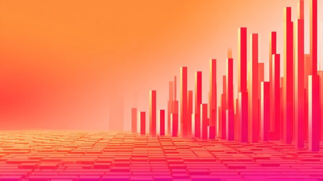 Abstract three dimensional graph showing rising bar charts against a vibrant warm gradient background.