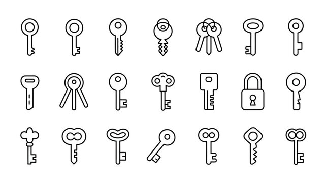 A collection of various keys and a single padlock are displayed as simple black and white line art icons on a white background high quality professional