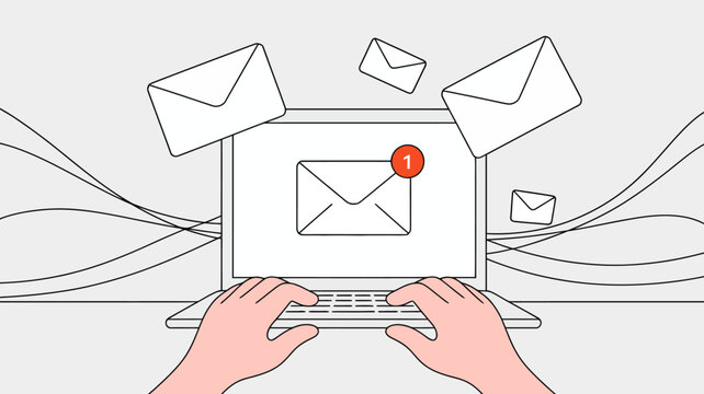 A minimalist illustration depicts a laptop with hands typing showcasing an email inbox with a notification of one unread message high quality professional detailed modern elegant