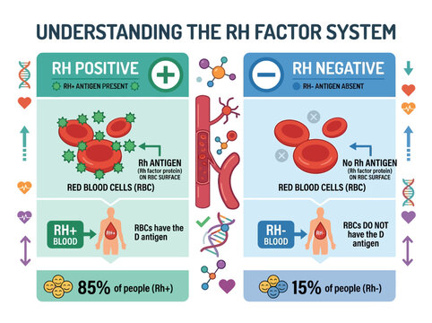 Detailed Educational Infographic Explaining the Human Rh Factor Blood System, Differentiating Rh Positive and Negative Blood Types