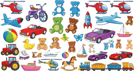 Obraz premium Kids Toys Mega Collection with Cars Helicopters Airplanes Teddy Bears Trains and Playground Items Cartoon Vector Illustration Set