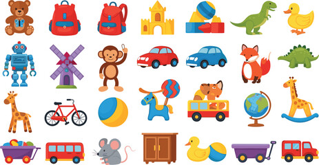 Fototapeta premium Kids Toys and Objects Collection with Teddy Bear Robot Cars Animals and Playground Items Cartoon Vector Illustration Set