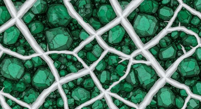Close up of green crystalline mineral structure with white veins.