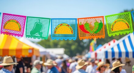 Fototapeta premium Colorful papel picado banners for a festive taco celebration