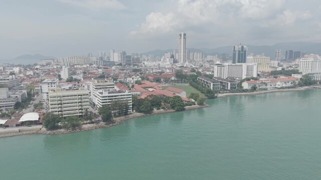 Aerial daytime view of George Town UNESCO heritage zone and Komtar tower in Penang, Malaysia