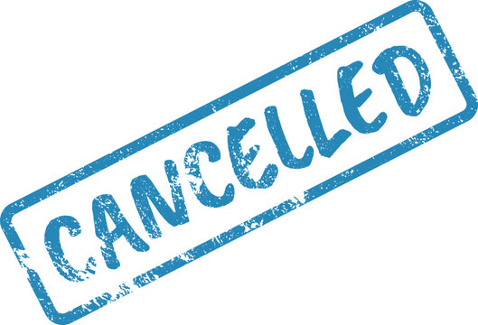 Grungy blue rectangular stamp with CANCELLED text mark on clean white surface