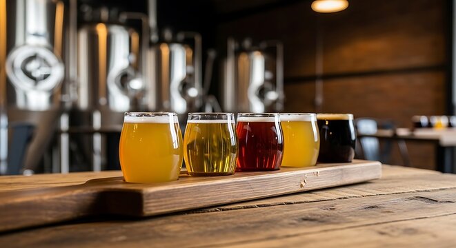 A flight of colorful beers on a wooden board on a table in a brewery