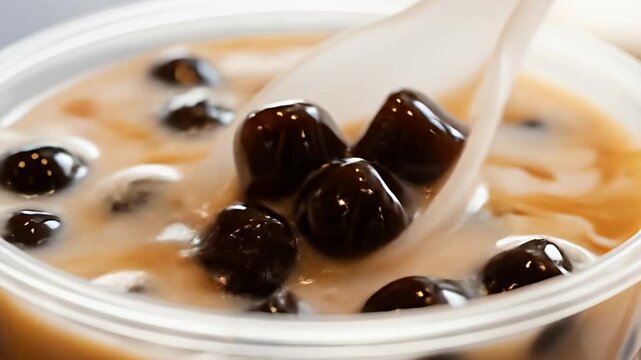 Close-up of tapioca pearls in creamy tea with a spoon in a clear plastic container