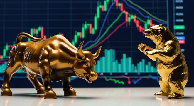 Two golden bull and bear statues stand prominently against a complex stock market chart background.