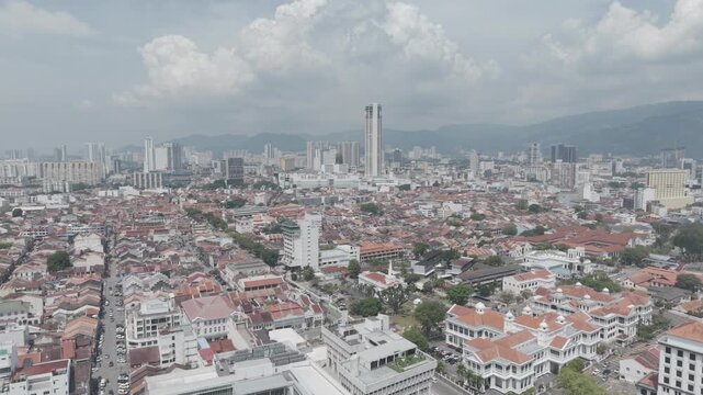 Aerial daytime view of George Town UNESCO heritage zone and Komtar tower in Penang, Malaysia