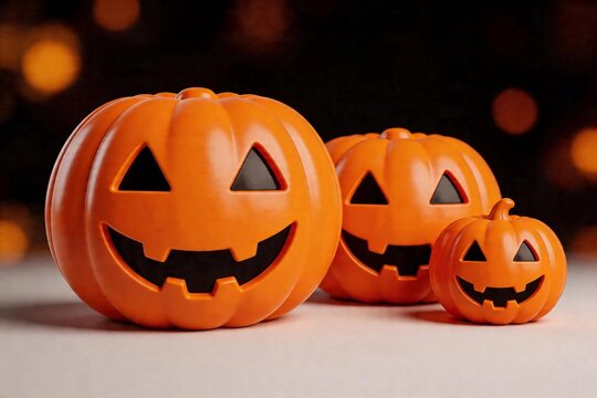 Bright orange pumpkins with carved faces.