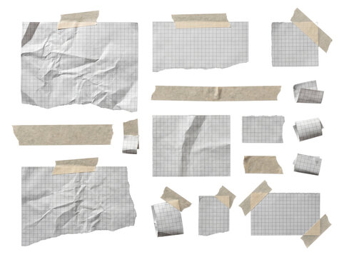 Various torn and crumpled grid paper pieces, along with adhesive tape strips, isolated on a transparent background.